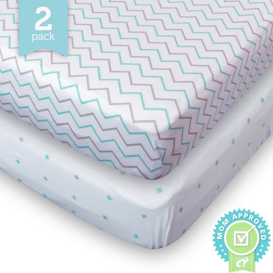 Crib Sheets Toddler Bedding Fitted Jersey Cotton 2 Pack Chevron Cross Blue/Grey