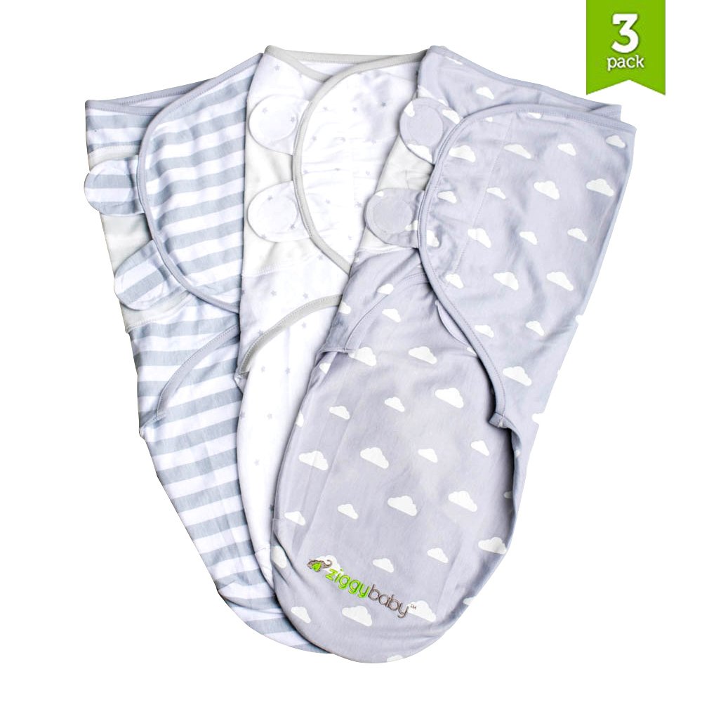 Swaddle Blanket Adjustable Infant Baby Wrap Set 3 Pack Grey Cloud Stripe, Stars