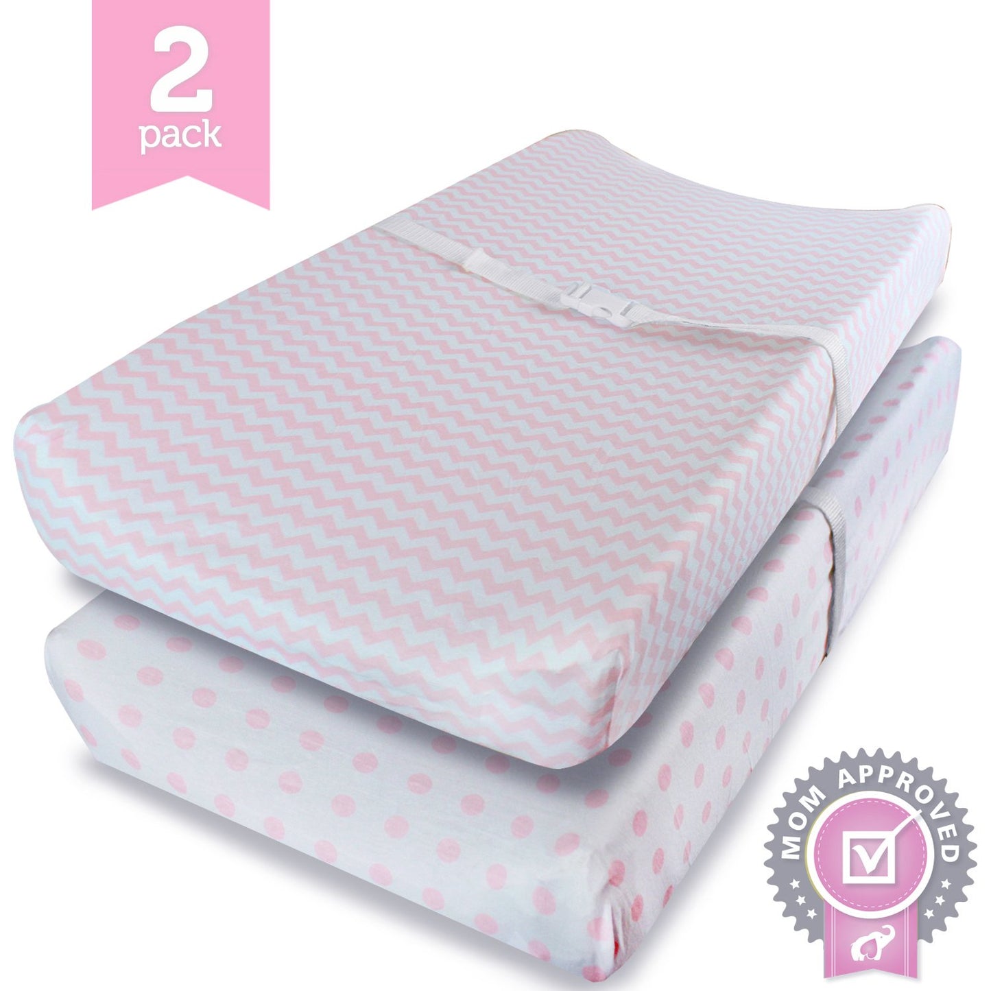 Changing Pad Covers, Cradle Bassinet Sheets Fitted Jersey Cotton (2 Pack) Pink, White
