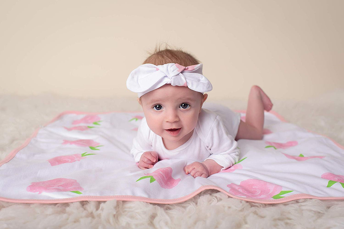 Peony & Heart 5 Piece Blanket, Hat and Headband Collection Pink White