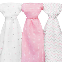 Muslin Baby Swaddle Blankets Girls, 47x47 (3 Pack) Grey, Pink Chevron, Arrow, Cross