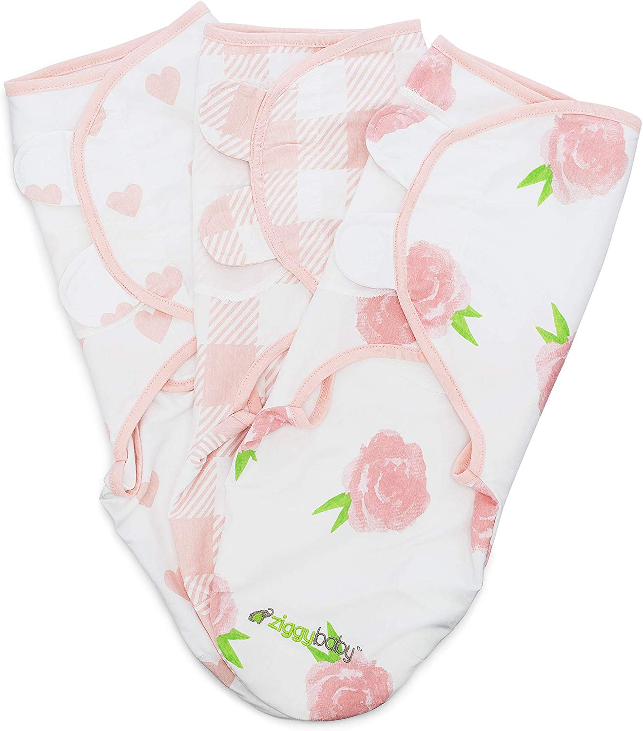 Baby Swaddle Blanket Wrap Set 3 Pack- Pink Peony, Pink Heart, Pink Buffalo Plaid