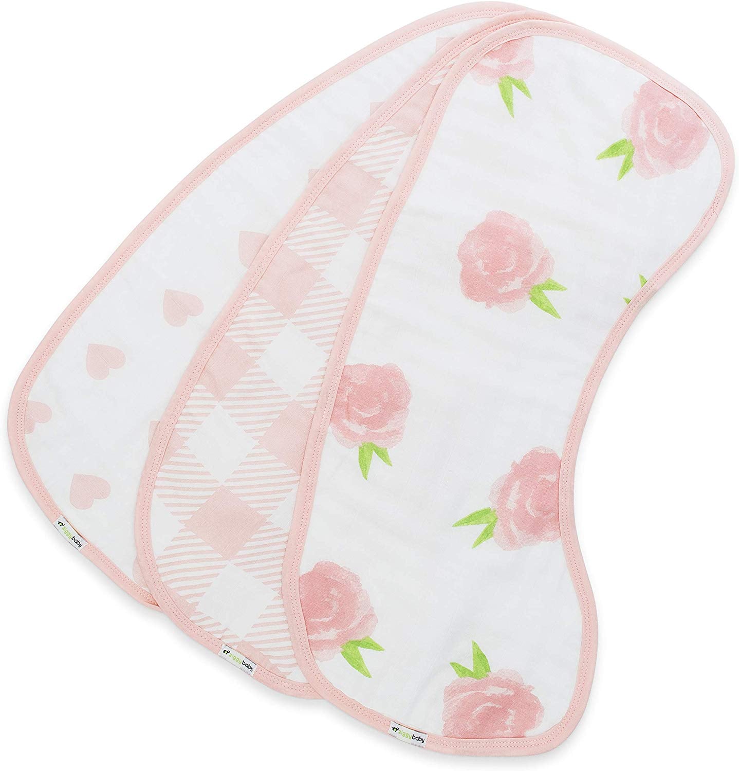 Muslin Burp Cloths, Burpy Bib Set (3 Pack) Pink Peony, Heart and Buffalo Plaid