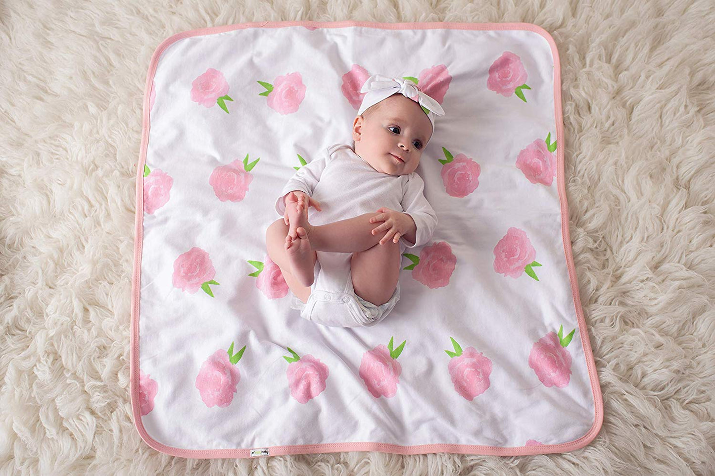 Peony & Heart 5 Piece Blanket, Hat and Headband Collection Pink White