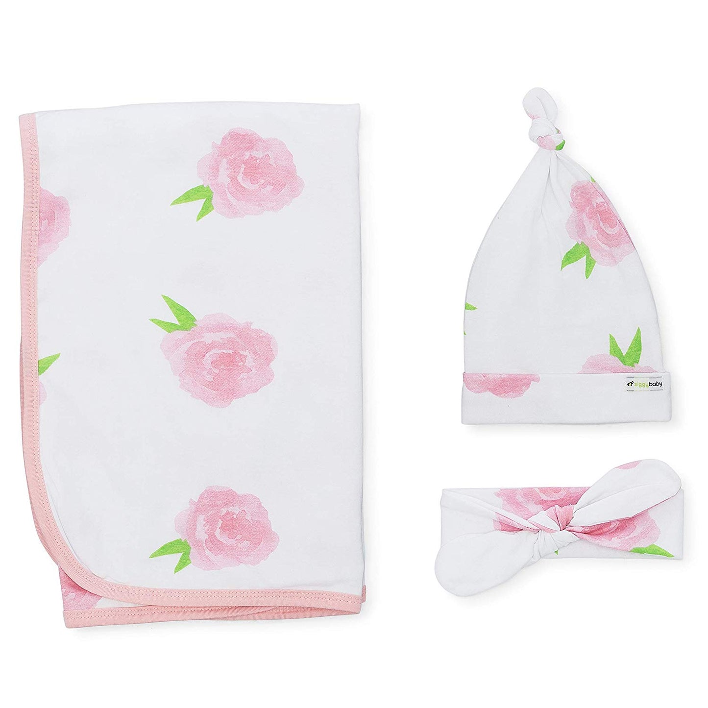 Peony & Heart 5 Piece Blanket, Hat and Headband Collection Pink White