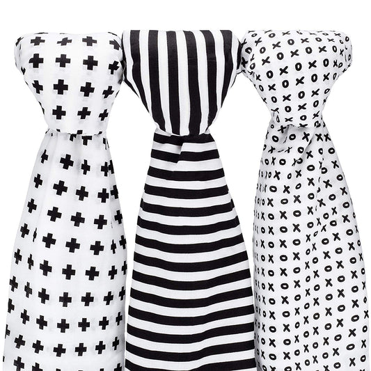 Muslin Baby Swaddle Blankets, 47x47 (3 Pack) Black, White, XO, Stripe, Cross