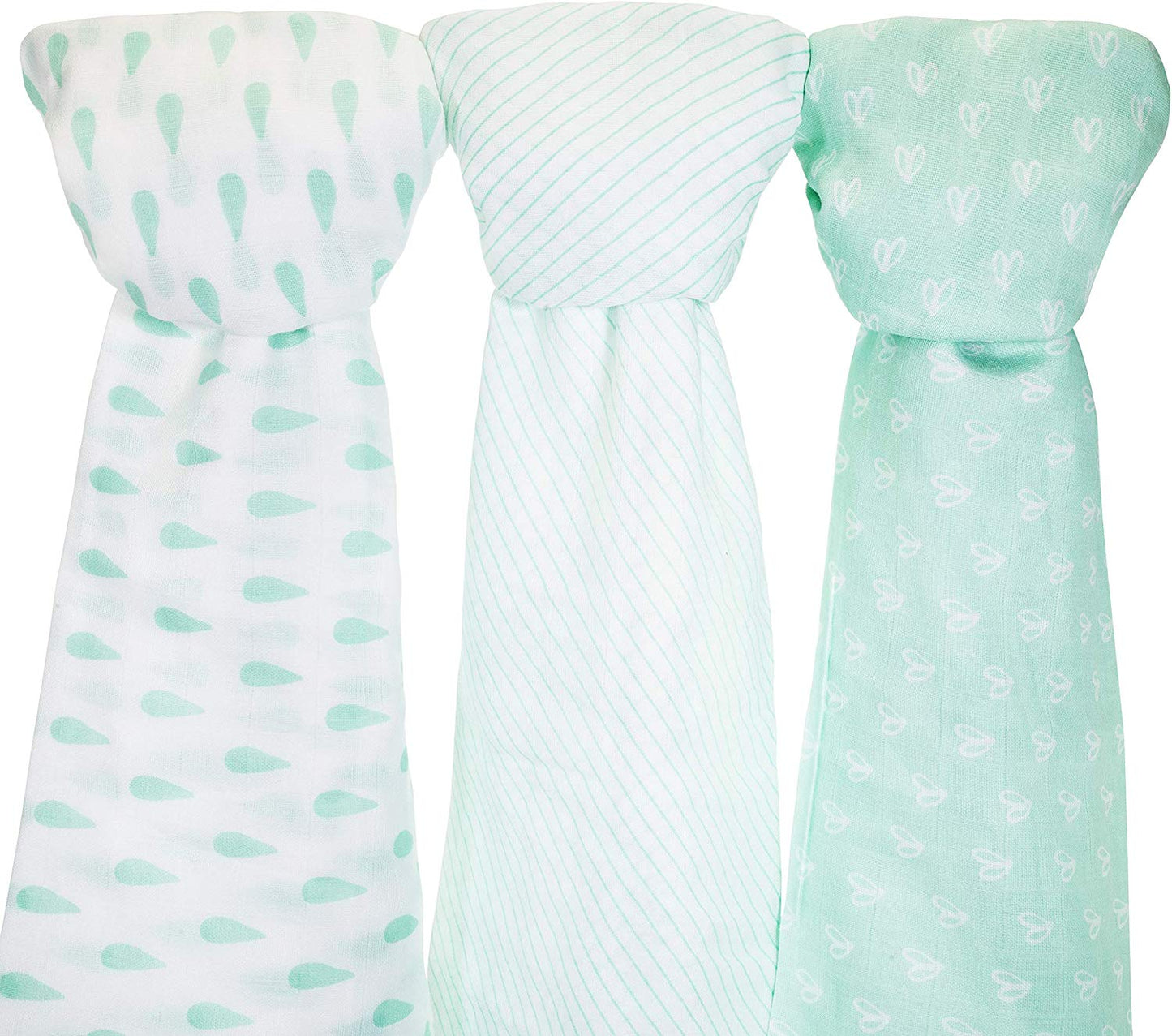 Muslin Baby Swaddle Blankets, 47x47 (3 Pack) Mint Blue and White Collection